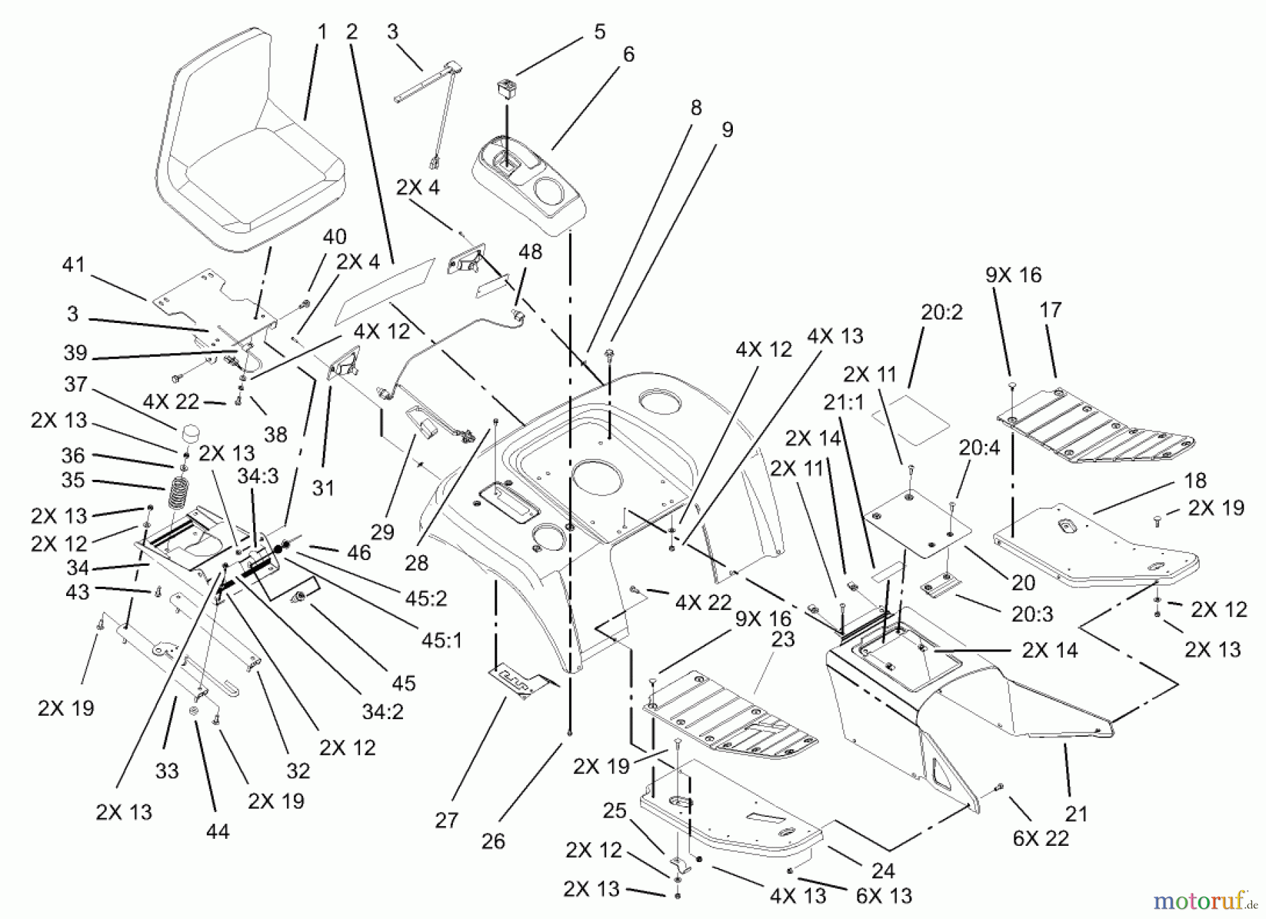  Toro Neu Mowers, Lawn & Garden Tractor Seite 1 73561 (550) - Toro 550 Garden Tractor, 2005 (250000001-250999999) FENDER, FOOTREST AND SEAT ASSEMBLY