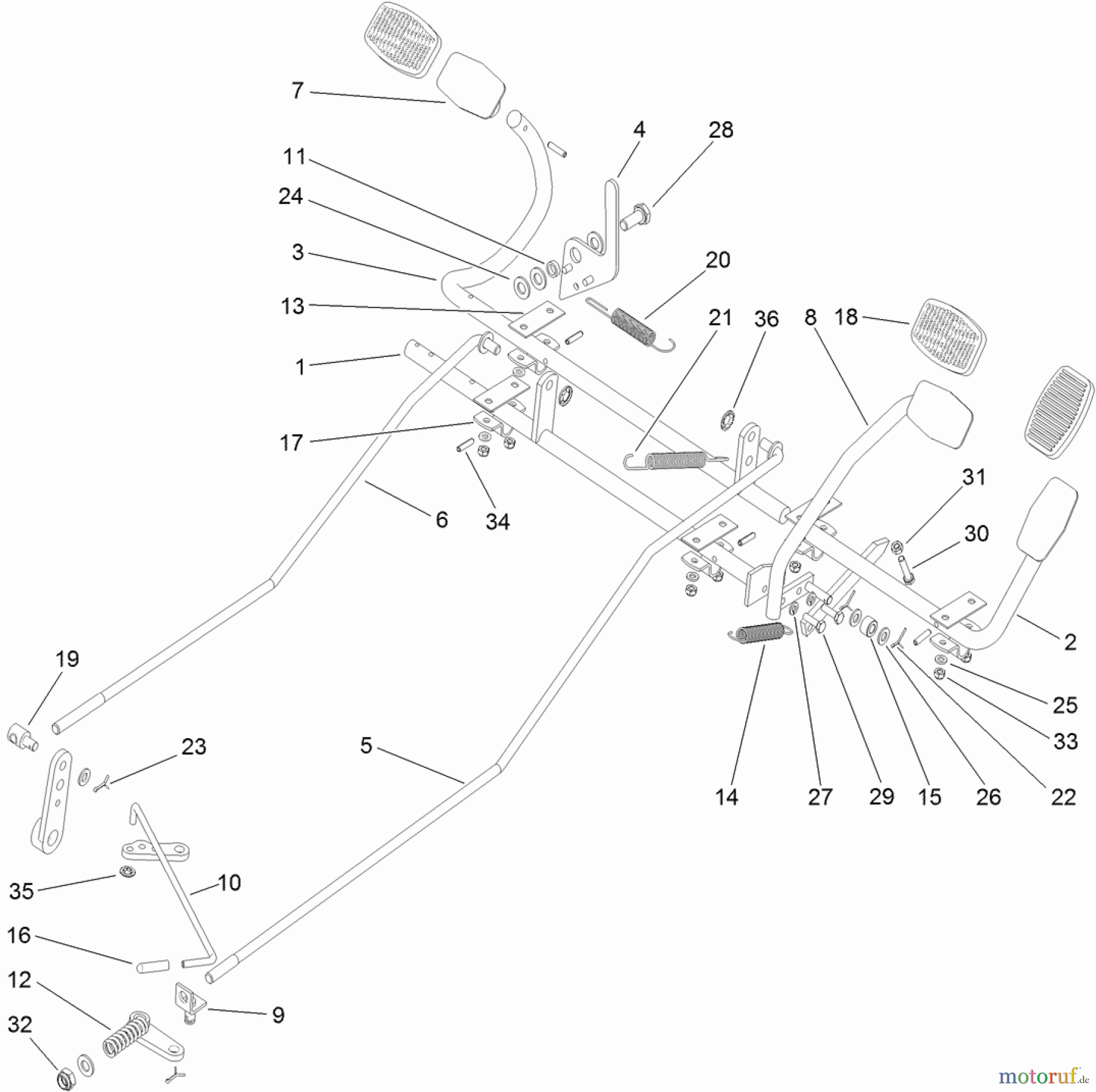  Toro Neu Mowers, Lawn & Garden Tractor Seite 1 74585 (DH 210) - Toro DH 210 Lawn Tractor, 2012 (SN 312000001-312999999) OPERATION - TRAVEL PEDALS AND BRAKE ASSEMBLY