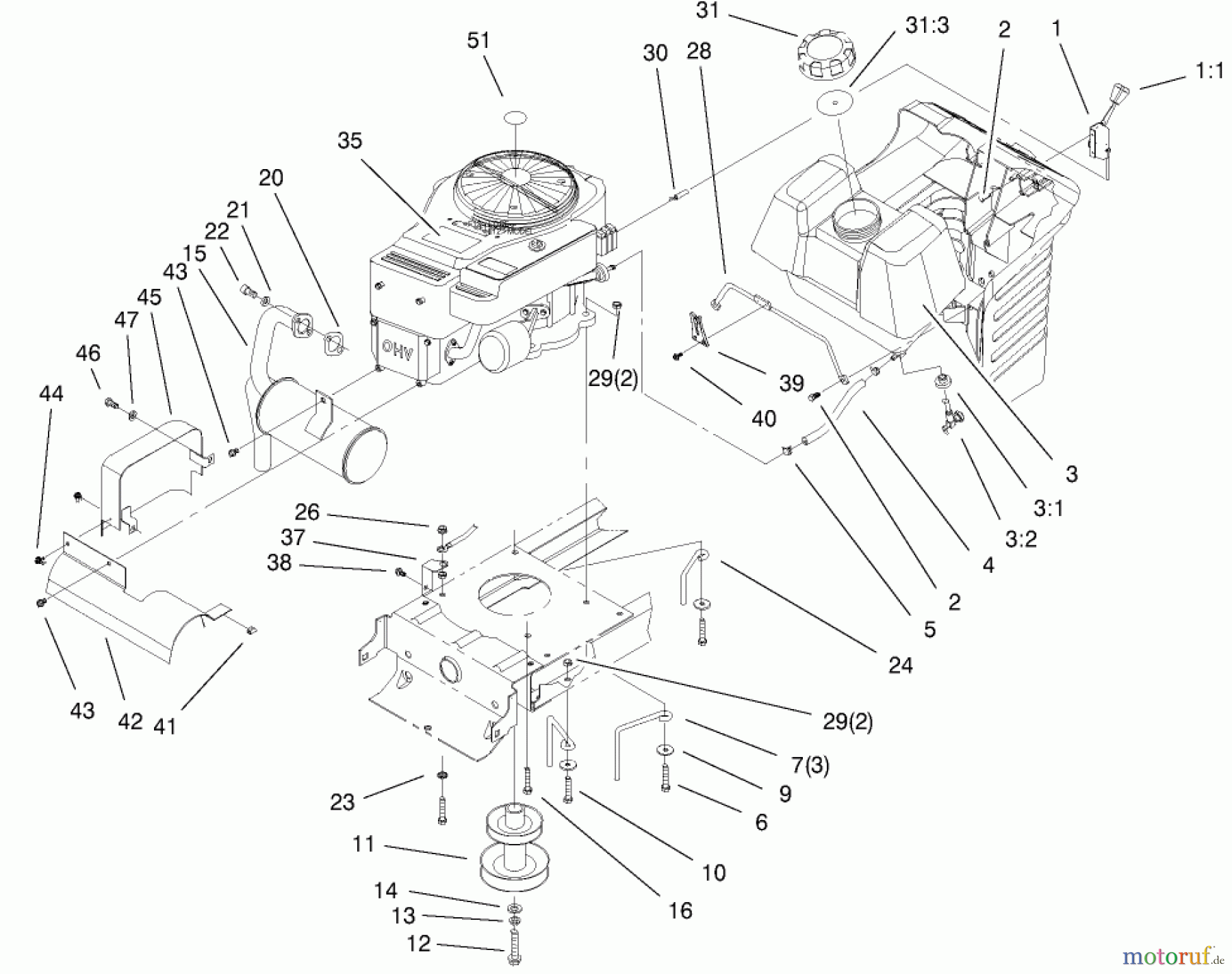  Toro Neu Mowers, Lawn & Garden Tractor Seite 1 77102 (16-38G) - Toro 16-38G Lawn Tractor, 2000 (200000001-200999999) ENGINE SYSTEMS COMPONENTS ASSEMBLY
