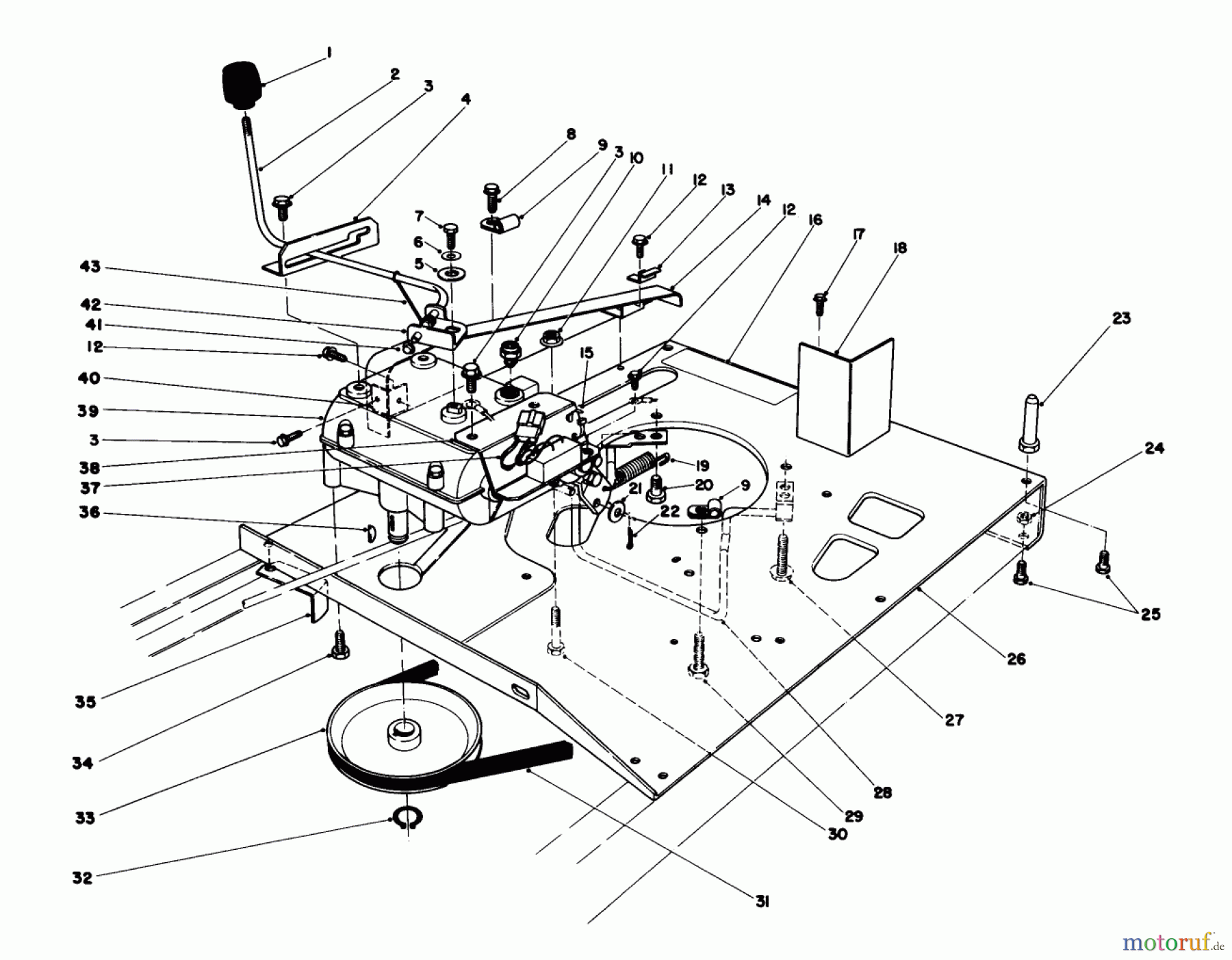  Toro Neu Mowers, Rear-Engine Rider 56125 (7-25) - Toro 7-25 Rear Engine Rider, 1985 (5000001-5999999) ENGINE PLATE AND SHIFT ASSEMBLY