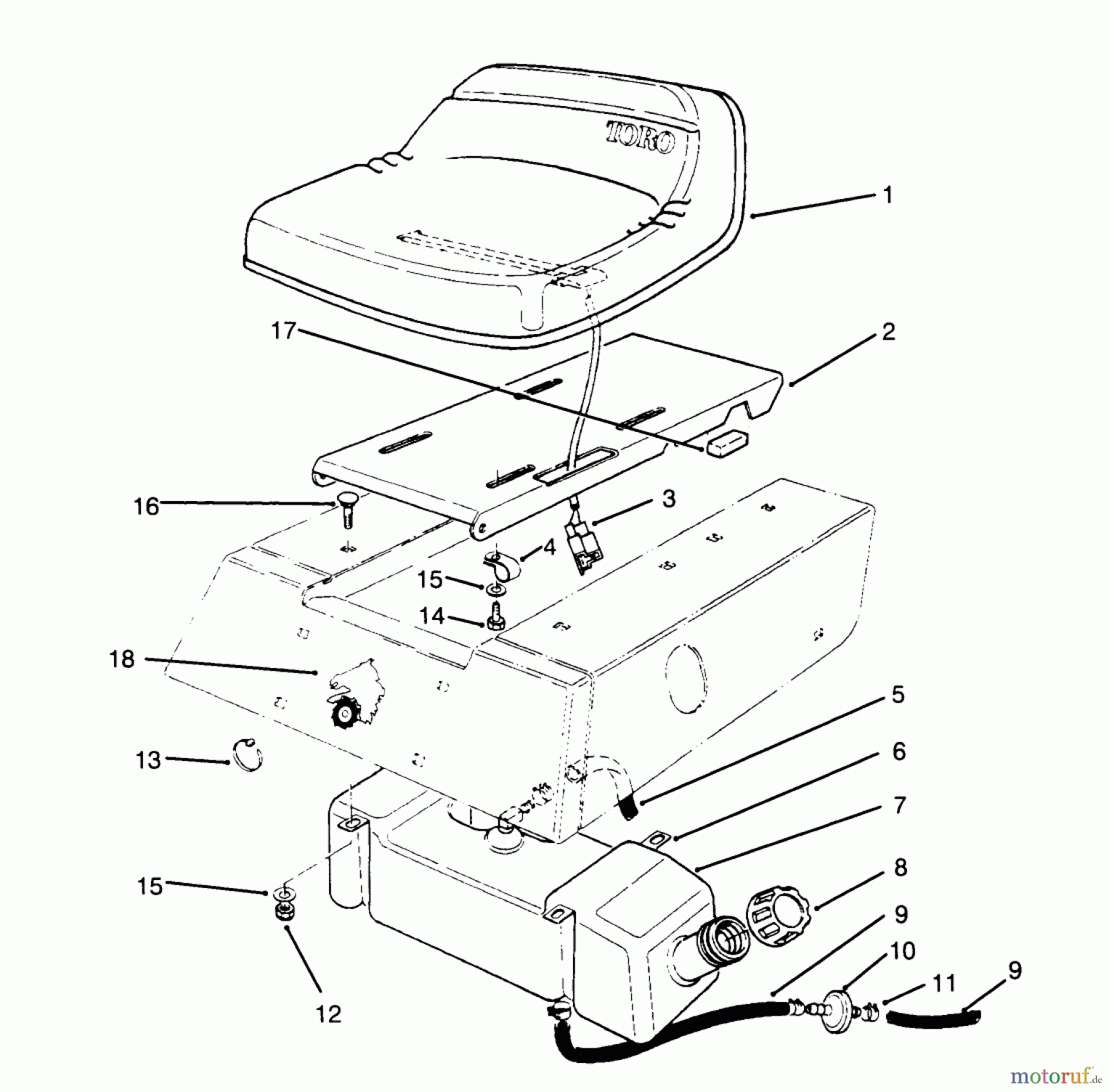  Toro Neu Mowers, Rear-Engine Rider 70040 (8-25) - Toro 8-25 Rear Engine Rider, 1995 (59000001-59999999) SEAT & GAS TANK ASSEMBLY