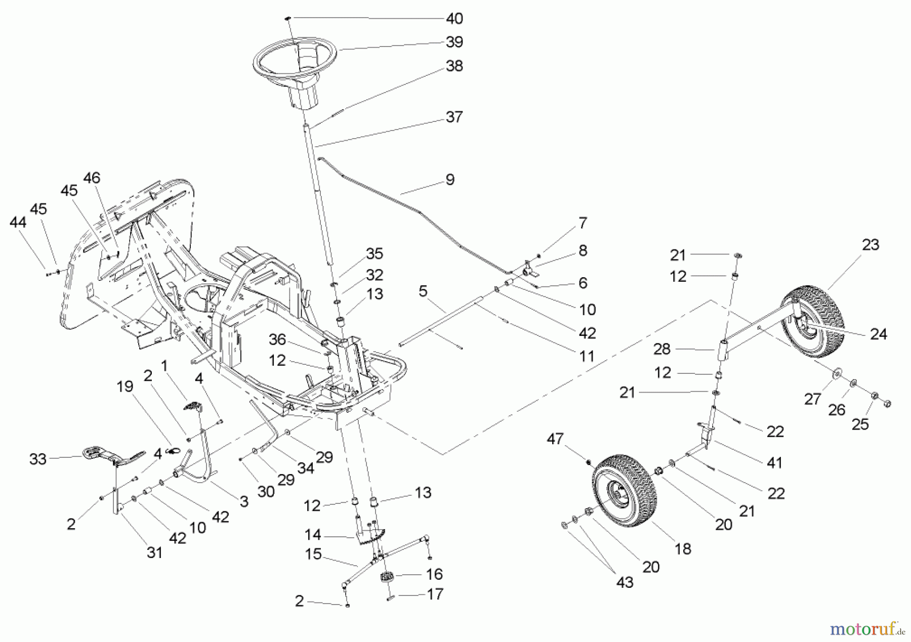  Toro Neu Mowers, Rear-Engine Rider 70186 (13-32H) - Toro 13-32H Rear-Engine Riding Mower, 2004 (240000001-240999999) FRONT AXLE AND STEERING ASSEMBLY