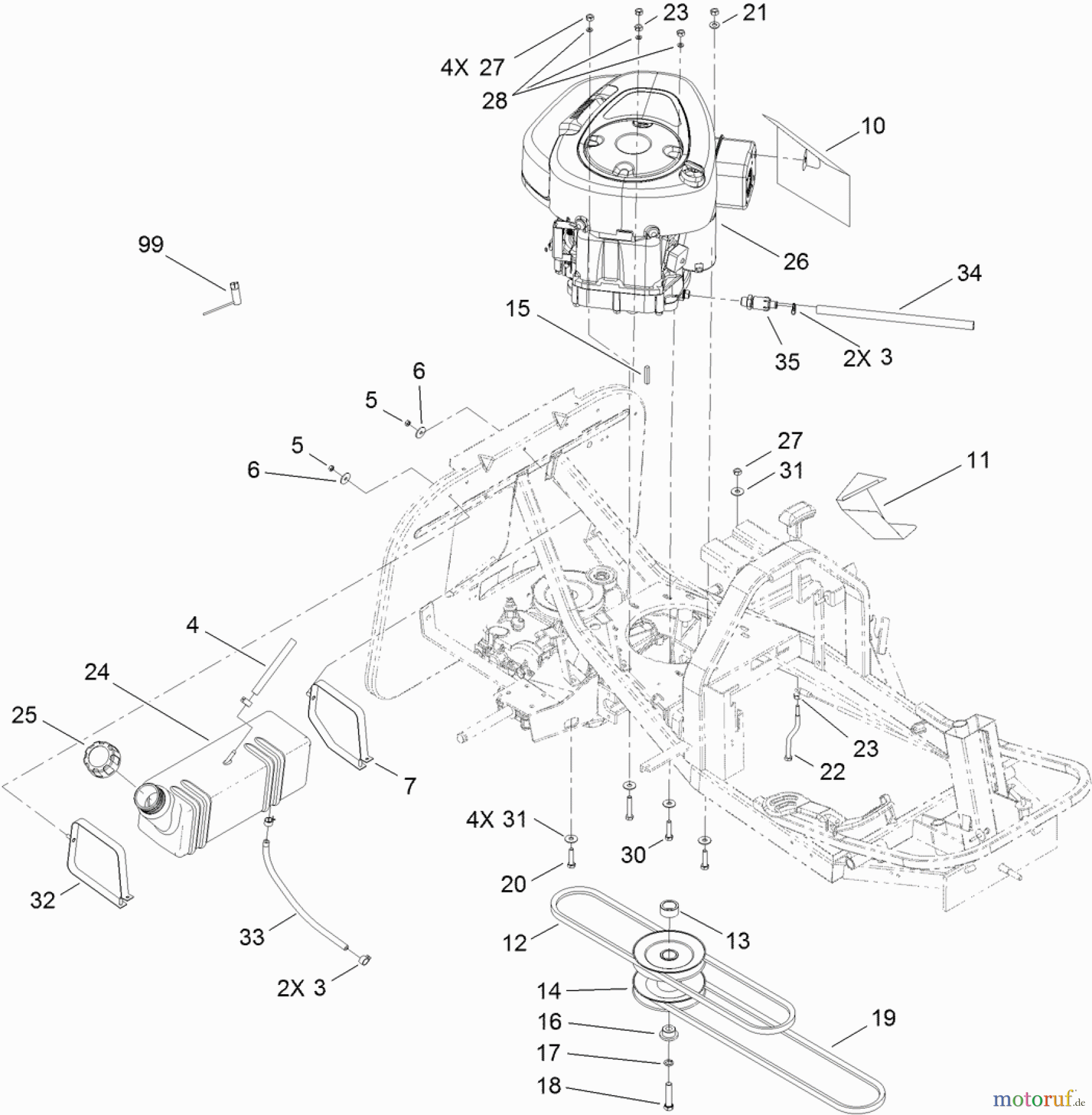  Toro Neu Mowers, Rear-Engine Rider 70186 (H132) - Toro H132 Rear-Engine Riding Mower, 2011 (311000001-311999999) ENGINE AND FUEL TANK ASSEMBLY