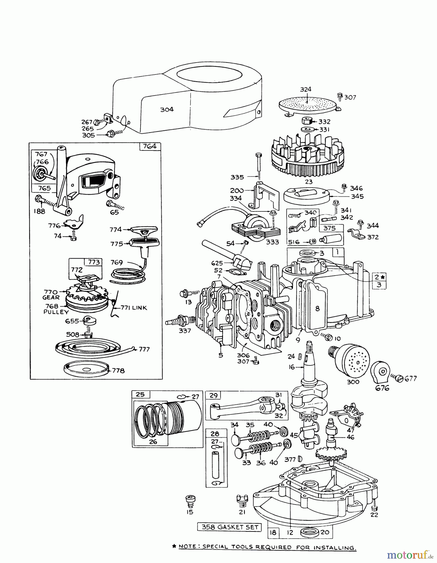  Toro Neu Mowers, Walk-Behind Seite 1 16287 - Toro Whirlwind II Lawnmower, 1977 (7000001-7999999) ENGINE BRIGGS & STRATTON MODEL 92508-0951-01 FOR 19
