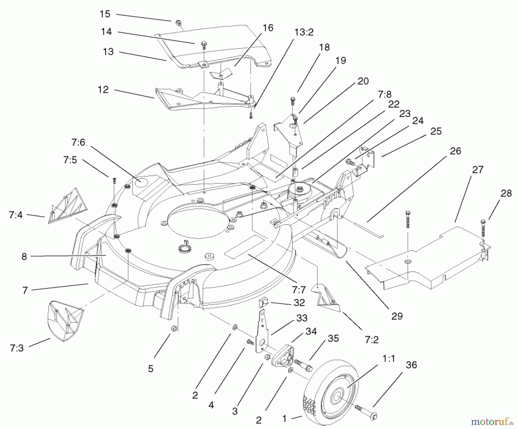  Toro Neu Mowers, Walk-Behind Seite 1 20040 (SR-21OS) - Toro Super Recycler Mower, SR-21OS, 2001 (210000001-210999999) HOUSING AND WHEEL ASSEMBLY