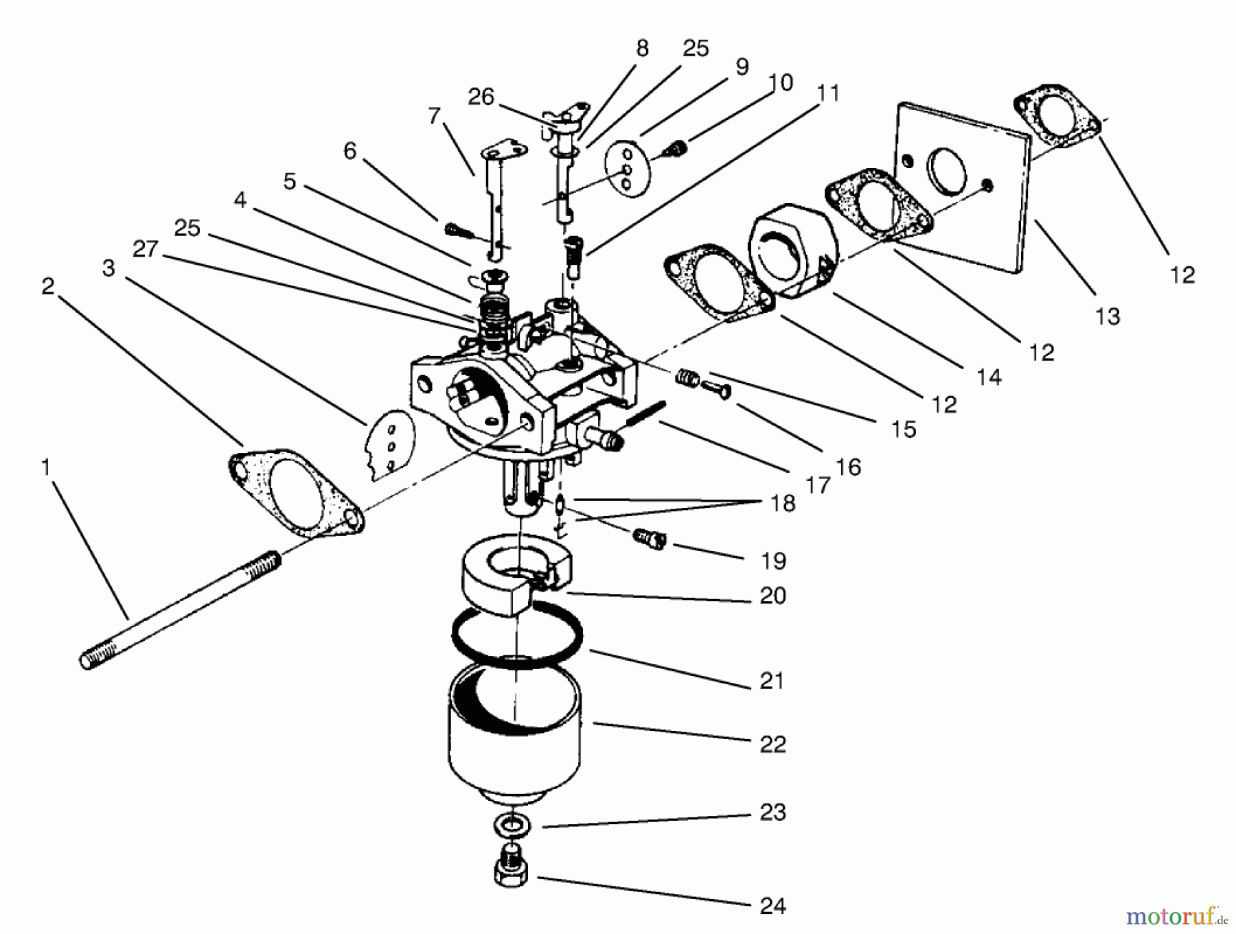  Toro Neu Mowers, Walk-Behind Seite 2 22045 - Toro Recycler Mower, 1997 (7900001-7999999) CARBURETOR ASSEMBLY (MODEL NO. 47PS5-7)(MODEL NO. 22045B)(MODEL NO. 47PT6-7)(MODEL NO. 22045)