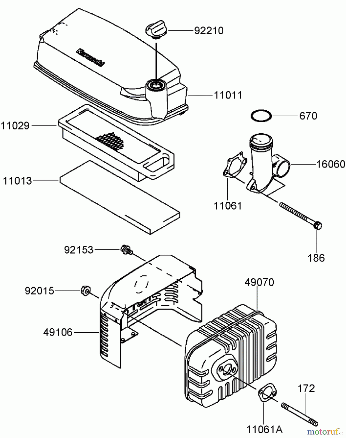  Toro Neu Mowers, Walk-Behind Seite 2 22163 (PT21) - Toro PT21 Trim Mower, 2007 (270000001-270999999) AIR FILTER AND MUFFLER ASSEMBLY KAWASAKI FJ180V-AS28