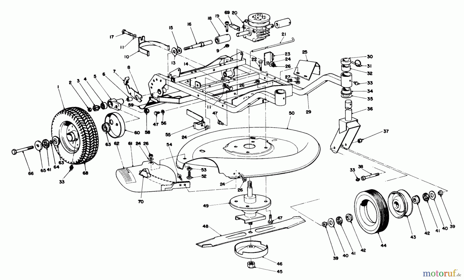 Toro Neu Mowers, Wide-Area Walk-Behind 23267 - Toro Lawnmower, 1985 (5000001-5999999) FRAME AND CUTTER HOUSING ASSEMBLY