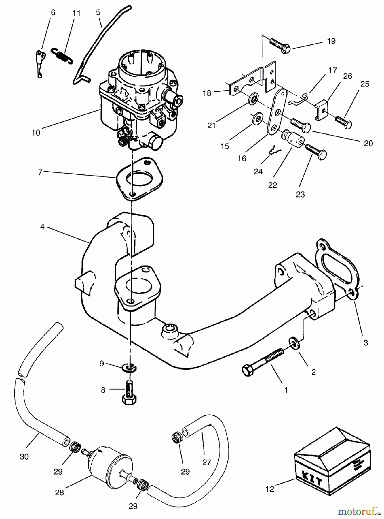  Toro Neu Mowers, Zero-Turn 74101 (620-Z) - Toro 620-Z Tractor, 1994 (490001-499999) CARBURETOR & INTAKE MANIFOLD ASSEMBLY