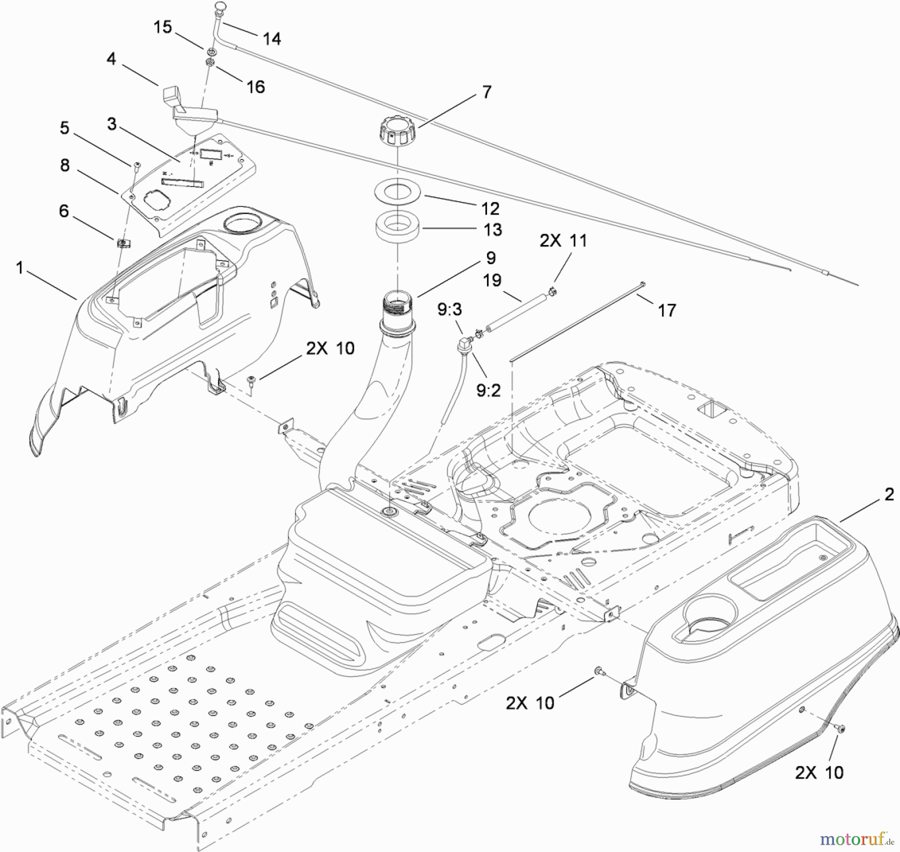  Toro Neu Mowers, Zero-Turn 74366 (Z4235) - Toro TimeCutter Z4235 Riding Mower, 2010 (310000001-310999999) FUEL DELIVERY AND BODY STYLING ASSEMBLY