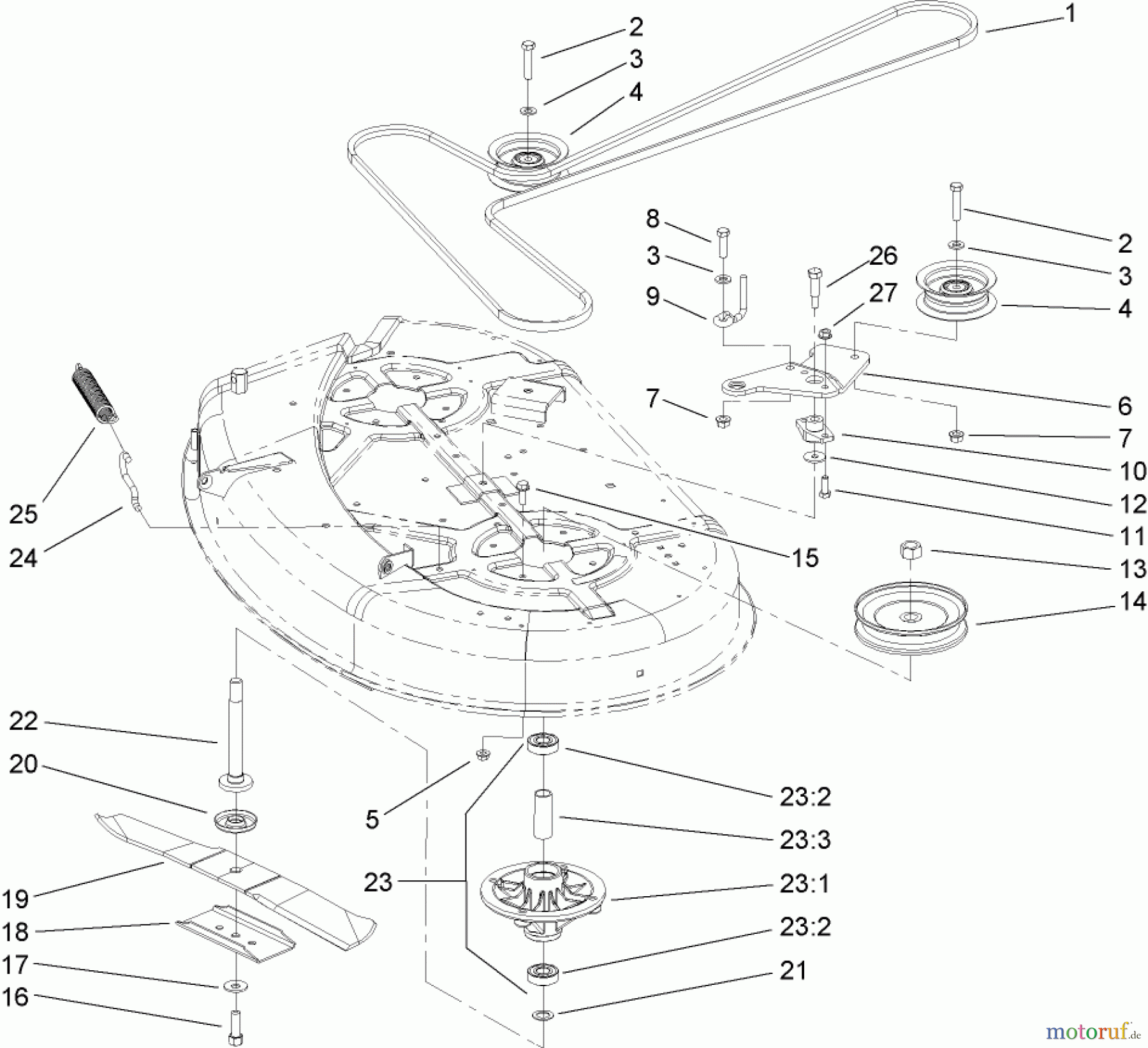  Toro Neu Mowers, Zero-Turn 74402 (Z380) - Toro TimeCutter Z380 Riding Mower, 2006 (260000001-260999999) SPINDLE AND BELT DRIVE ASSEMBLY