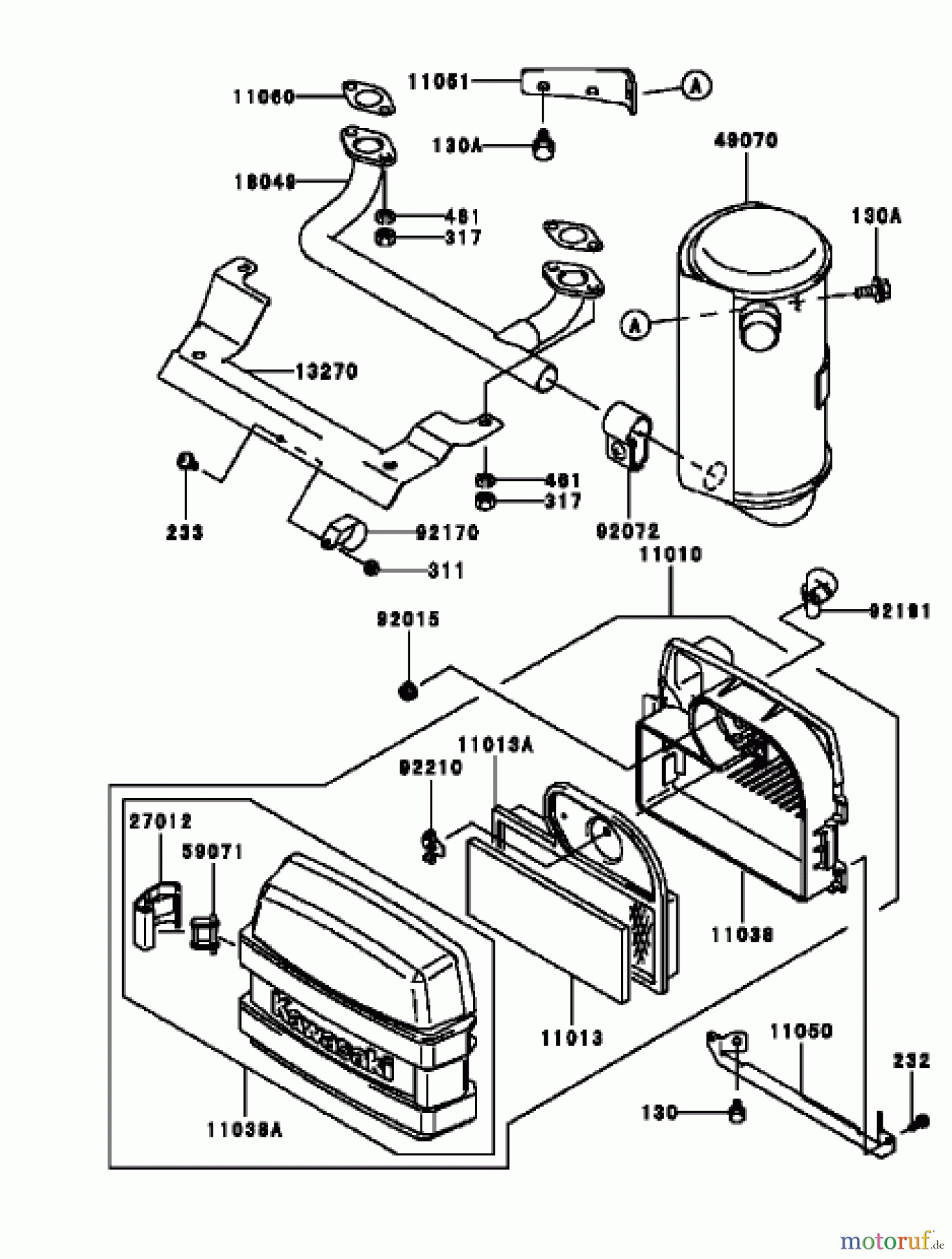  Toro Neu Mowers, Zero-Turn 74405 (18-52ZX) - Toro 18-52ZX TimeCutter ZX Riding Mower, 2003 (230000001-230999999) AIR FILTER / MUFFLER ASSEMBLY KAWASAKI FH531V-AS11