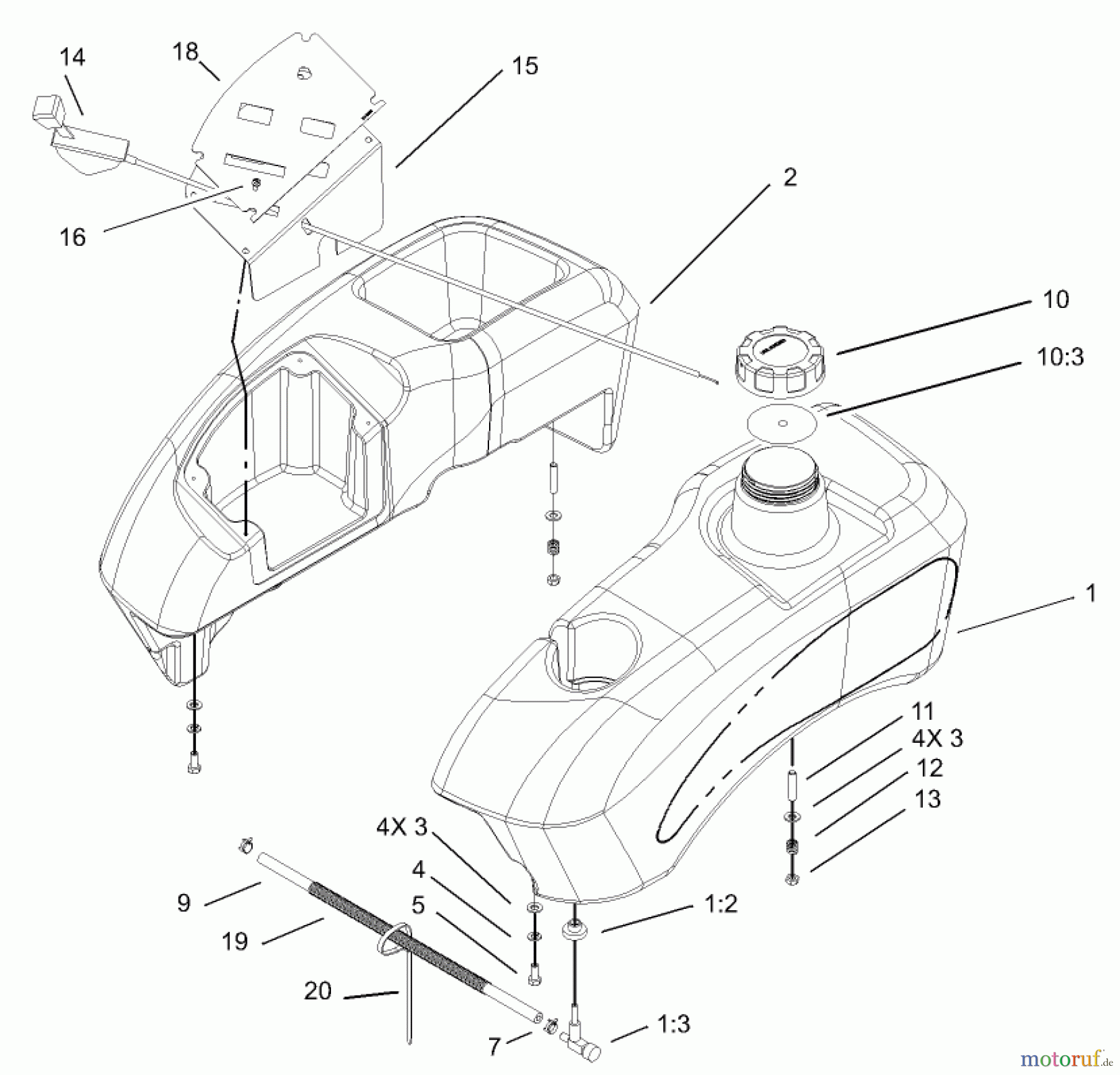  Toro Neu Mowers, Zero-Turn 74405 (18-52ZX) - Toro 18-52ZX TimeCutter ZX Riding Mower, 2003 (230000001-230999999) FUEL TANK AND CONTROL POD ASSEMBLY