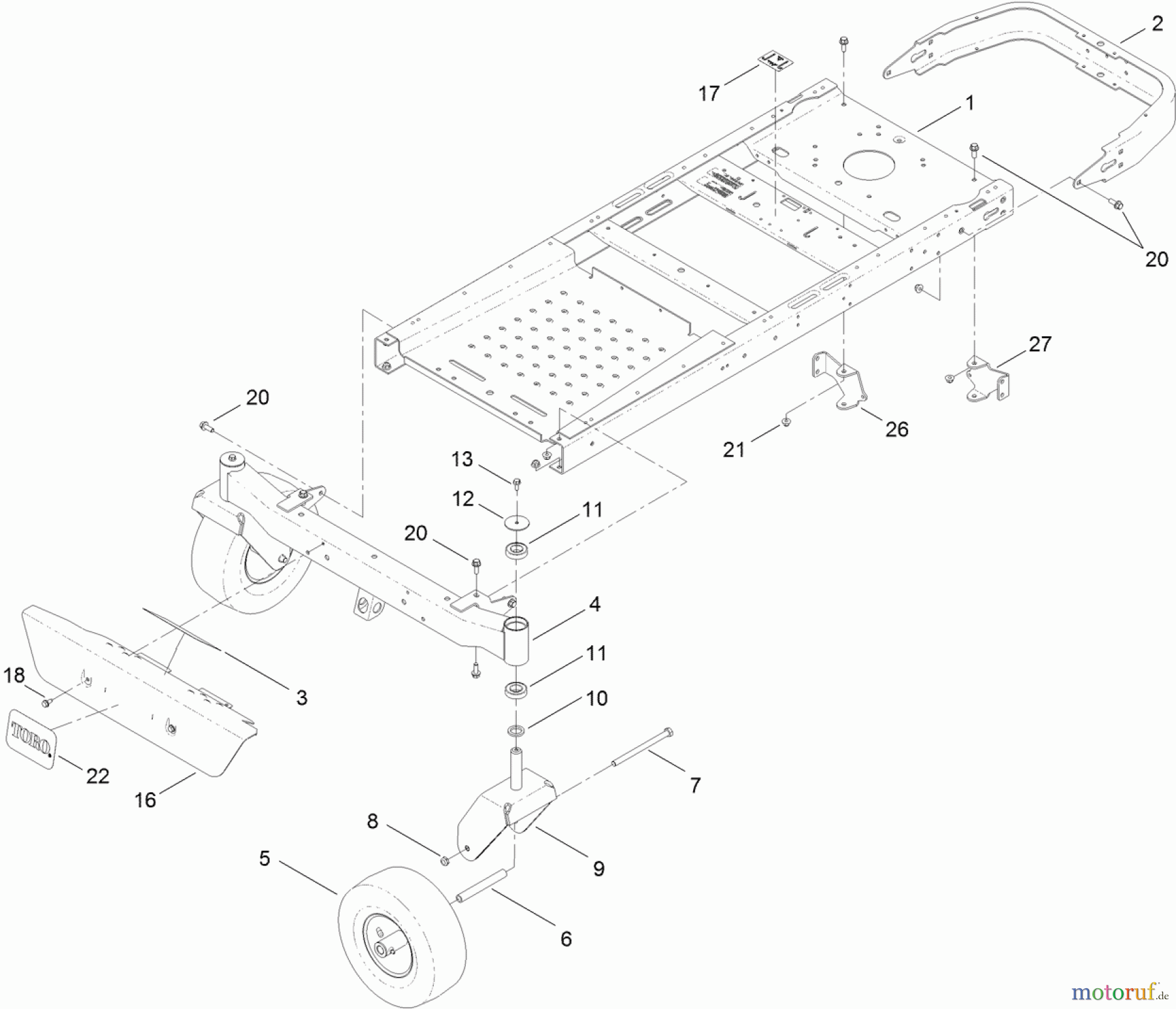 Toro Neu Mowers, Zero-Turn 74630 (5000) - Toro TimeCutter SS 5000 Riding Mower, 2011 (311000001-311999999) FRAME, FRONT AXLE AND CASTER WHEEL ASSEMBLY