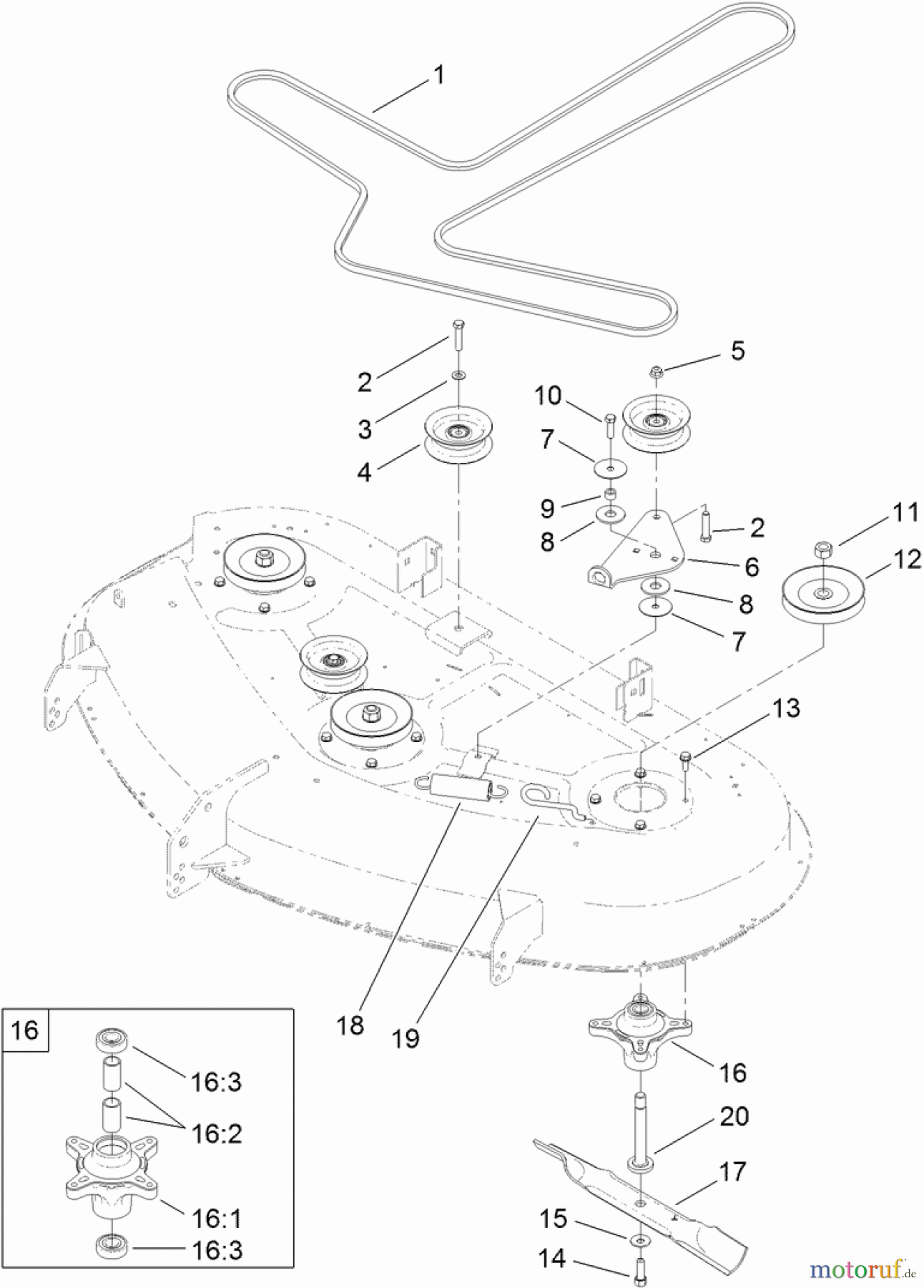  Toro Neu Mowers, Zero-Turn 74632 (5060) - Toro TimeCutter SS 5060 Riding Mower, 2012 (SN 312000001-312999999) 50 INCH DECK BELT, SPINDLE AND BLADE ASSEMBLY