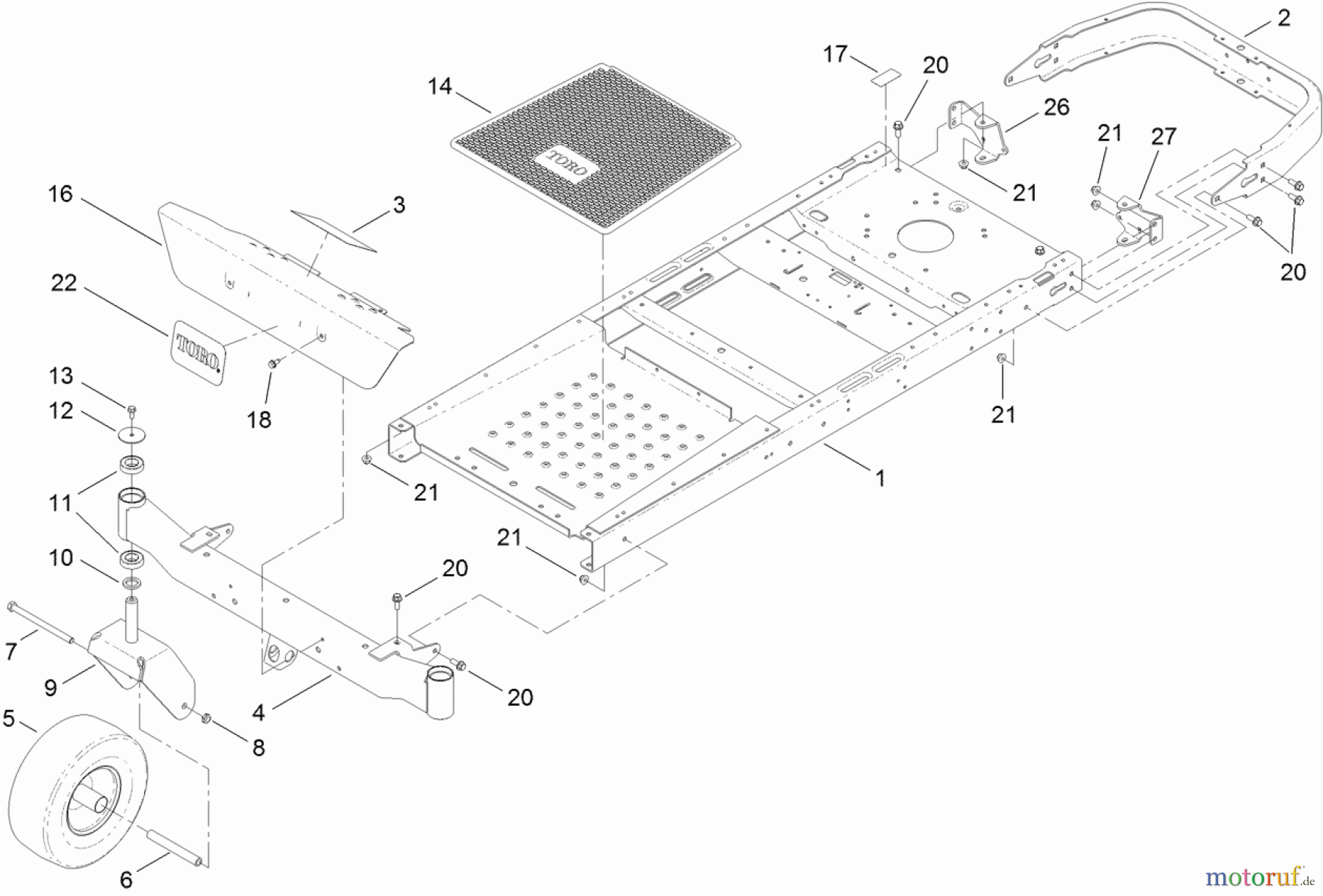  Toro Neu Mowers, Zero-Turn 74641 (5060) - Toro TimeCutter MX 5060 Riding Mower, 2012 (SN 312000001-312999999) FRAME, FRONT AXLE AND CASTER WHEEL ASSEMBLY