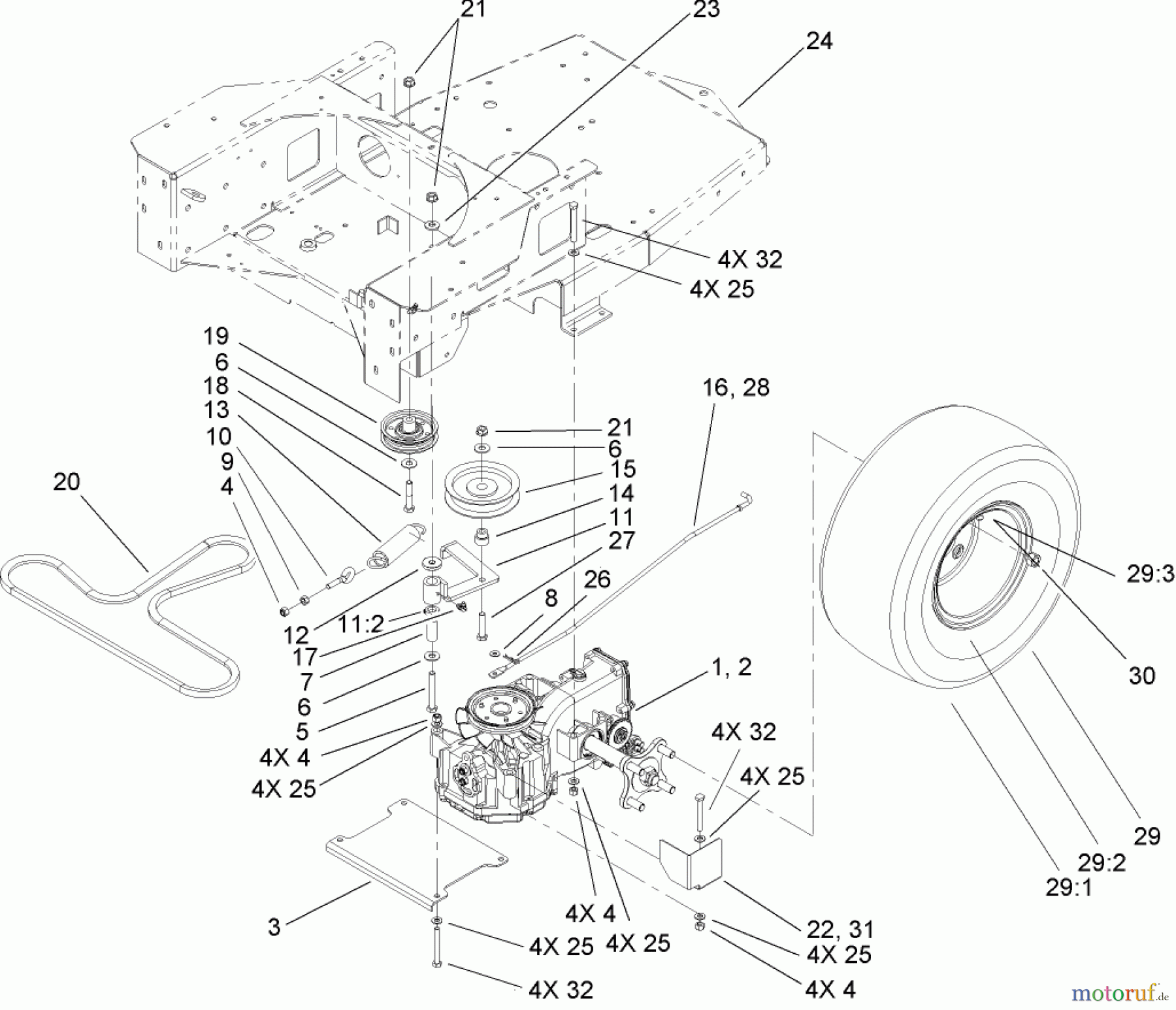  Toro Neu Mowers, Zero-Turn 74702 (18-52ZX) - Toro 18-52ZX TimeCutter ZX Riding Mower, 2004 (240000001-240000199) HYDRO AND BELT DRIVE ASSEMBLY