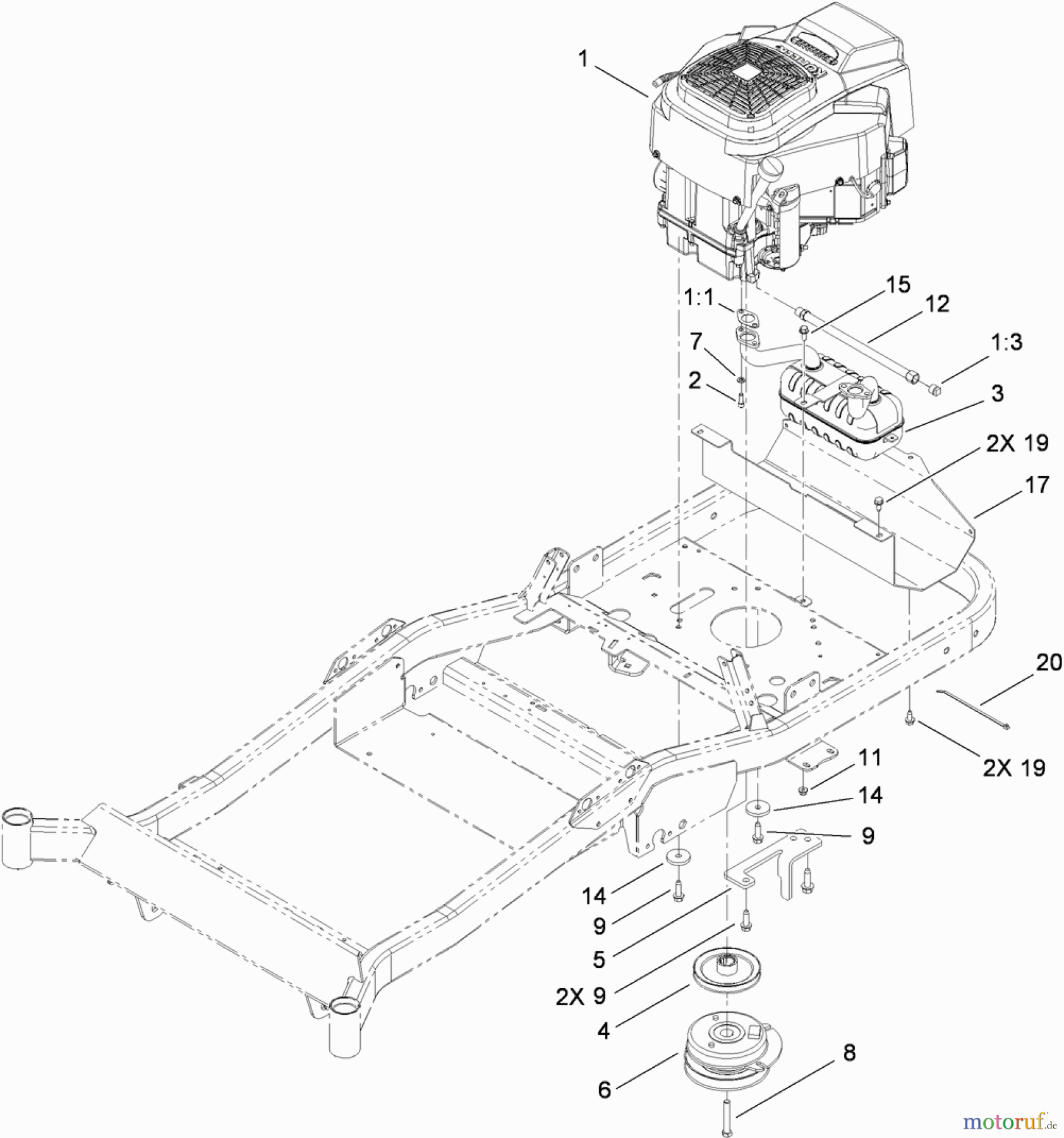  Toro Neu Mowers, Zero-Turn 74830 (ZX4800) - Toro TITAN ZX4800 Zero-Turn-Radius Riding Mower, 2010 (310000001-310999999) ENGINE, MUFFLER AND CLUTCH ASSEMBLY