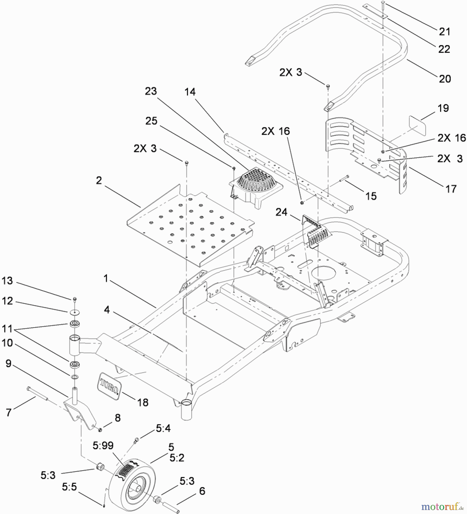  Toro Neu Mowers, Zero-Turn 74832 (ZX5450) - Toro TITAN ZX5450 Zero-Turn-Radius Riding Mower, 2010 (310000001-310999999) MAIN FRAME AND FRONT CASTER WHEEL ASSEMBLY