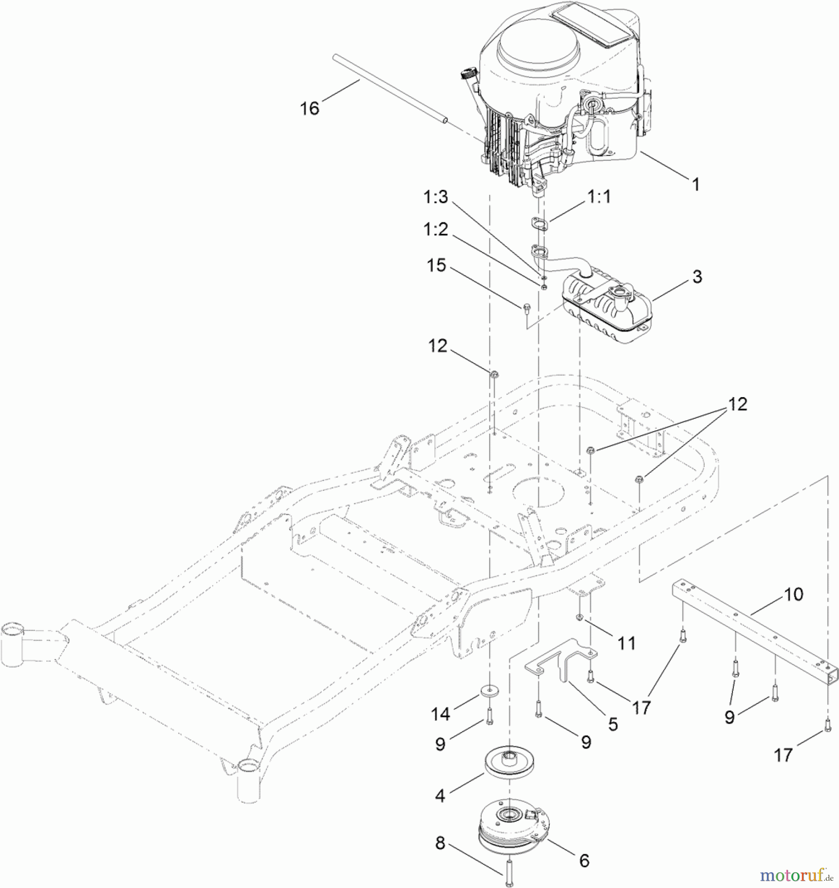  Toro Neu Mowers, Zero-Turn 74843 (ZX6020) - Toro TITAN ZX6020 Zero-Turn-Radius Riding Mower, 2011 (311000001-311999999) ENGINE, MUFFLER AND CLUTCH ASSEMBLY