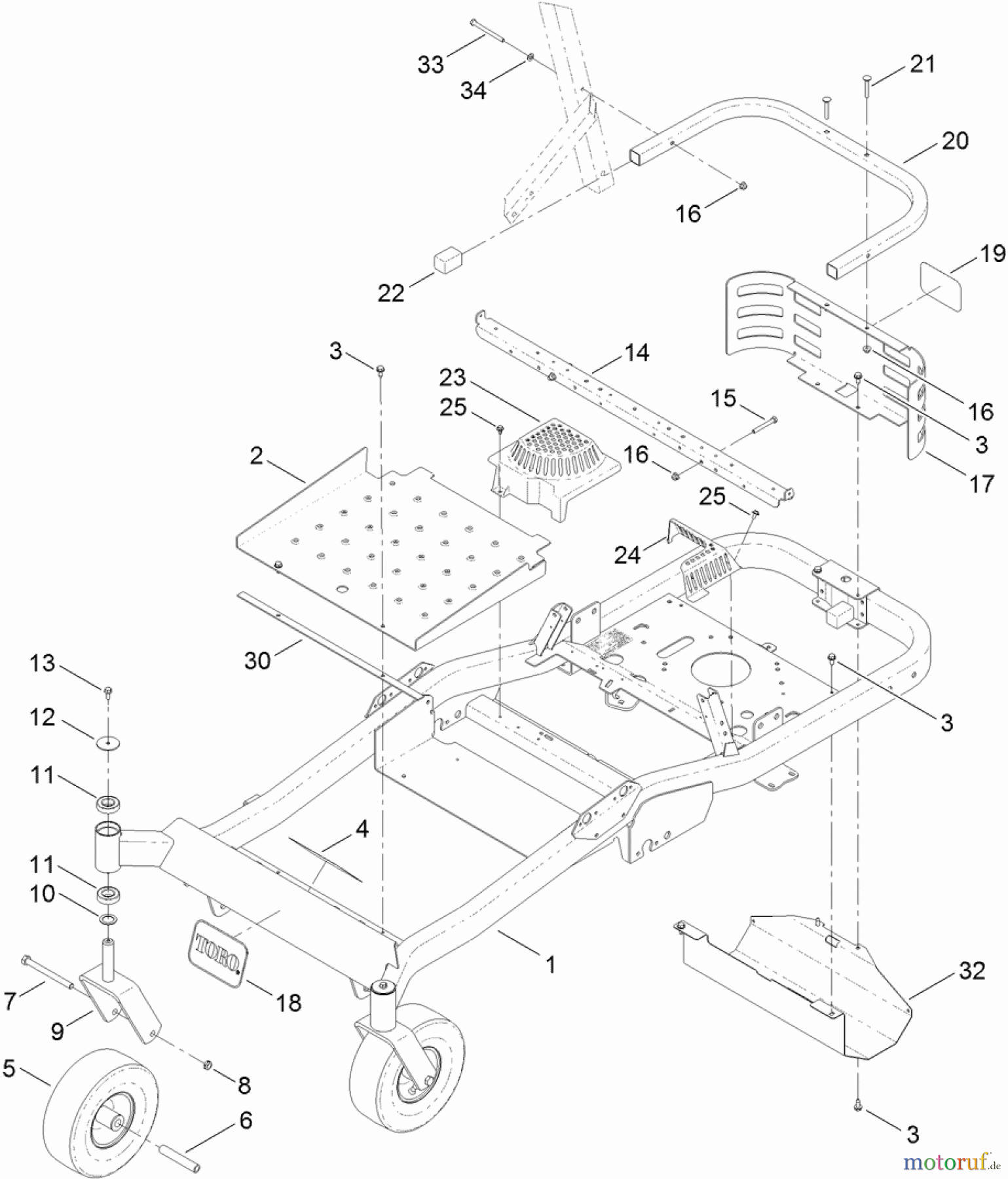  Toro Neu Mowers, Zero-Turn 74845 (ZX4820) - Toro TITAN ZX4820 Zero-Turn-Radius Riding Mower, 2012 (SN 312000001-312999999) MAIN FRAME AND CASTER WHEEL ASSEMBLY