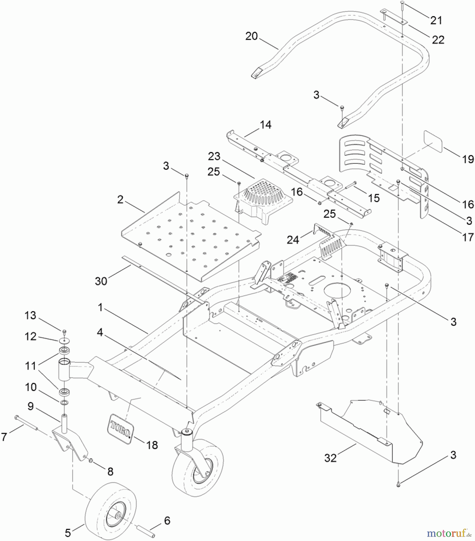  Toro Neu Mowers, Zero-Turn 74872 (MX5480) - Toro TITAN MX5480 Zero-Turn-Radius Riding Mower, 2011 (311000001-311999999) MAIN FRAME ASSEMBLY