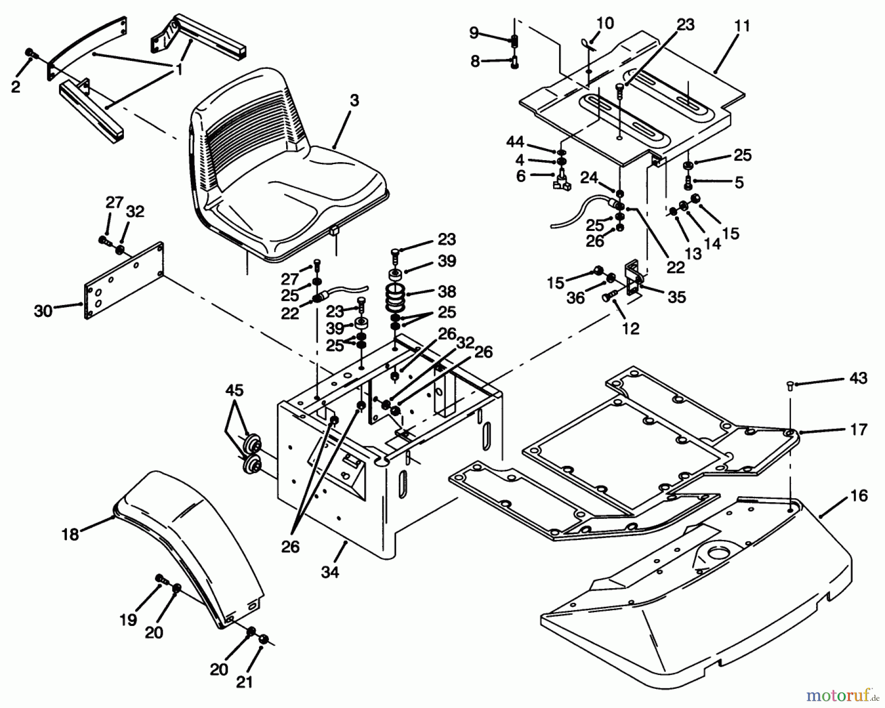  Toro Neu Mowers, Zero-Turn Y1-20OE03 (620-Z) - Toro 620-Z Tractor, 1992 (2000001-2999999) FENDERS, FLOOR PAN & SEAT ASSEMBLY