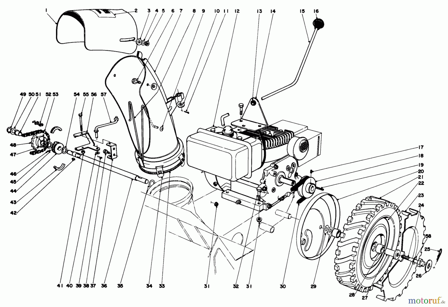  Toro Neu Snow Blowers/Snow Throwers Seite 1 31304 - Toro Snowhound, 1974 (4000001-4999999) ENGINE AND DRIVE ASSEMBLY