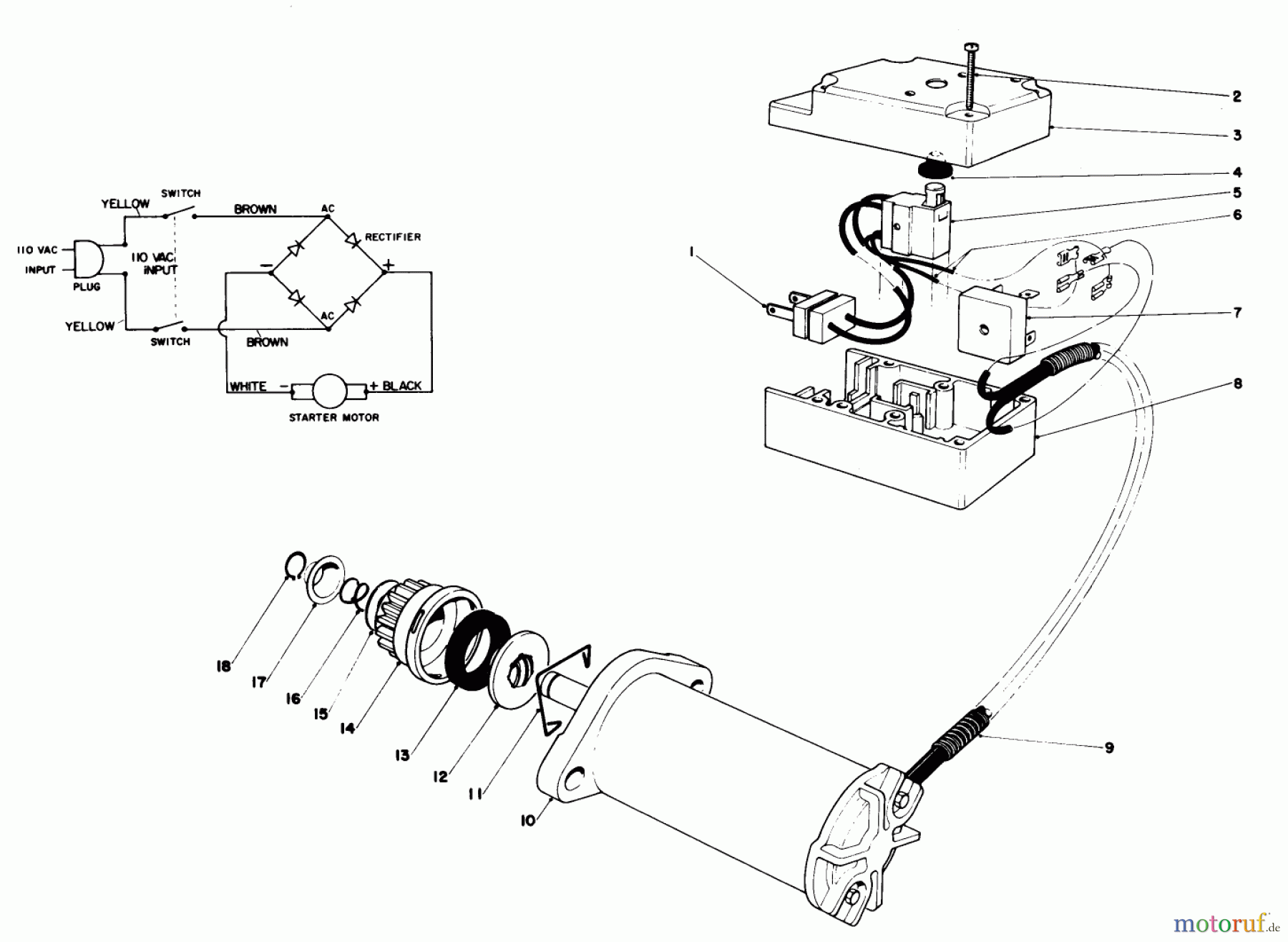  Toro Neu Snow Blowers/Snow Throwers Seite 1 38242 (S-200) - Toro S-200 Snowthrower, 1982 (2000001-2999999) STARTER MOTOR & SWITCH ASSEMBLY (MODEL 38252)