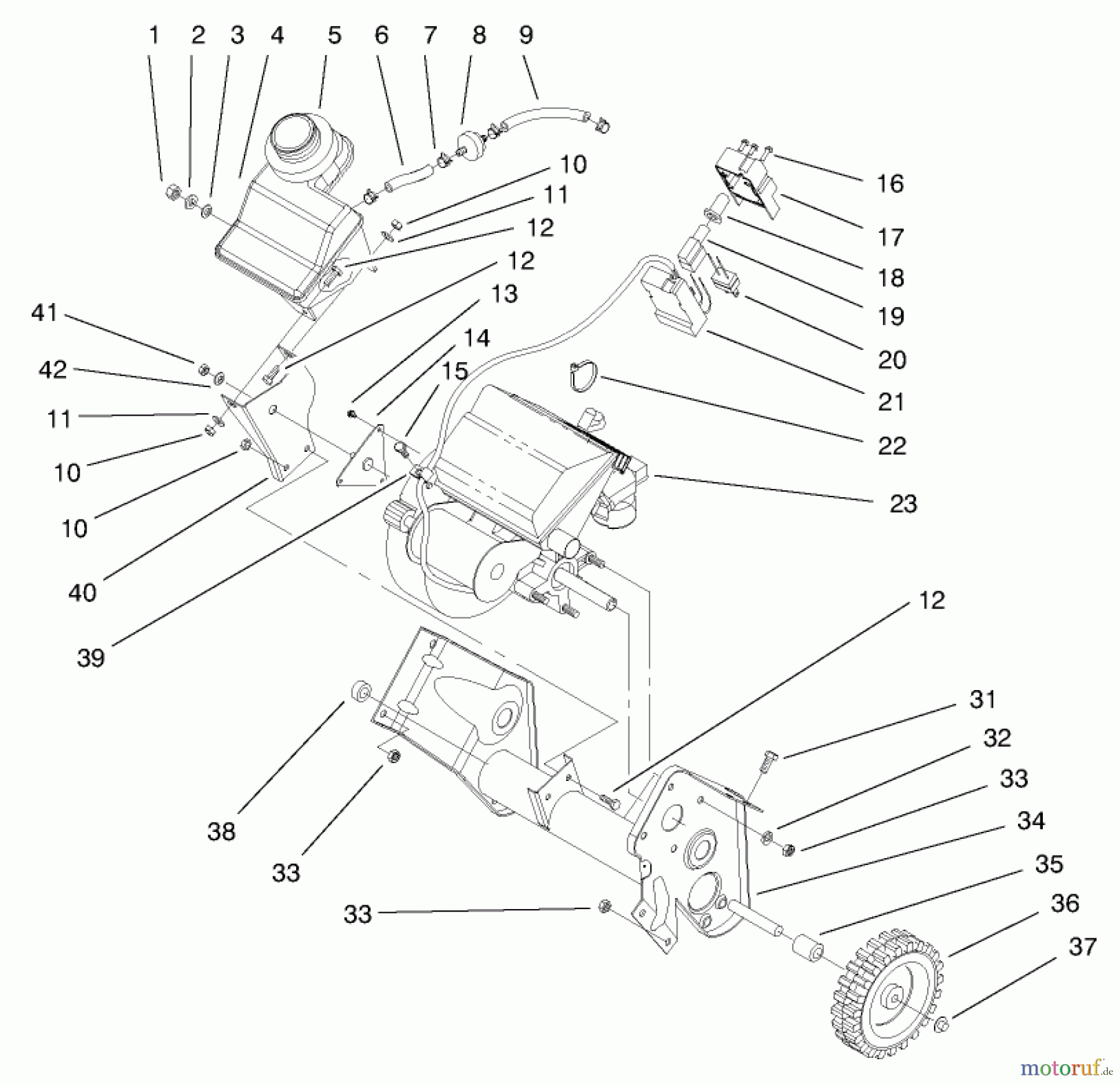  Toro Neu Snow Blowers/Snow Throwers Seite 1 38416 (2400) - Toro CCR 2400 Snowthrower, 1997 (7900001-7999999) ENGINE & FUEL TANK ASSEMBLY