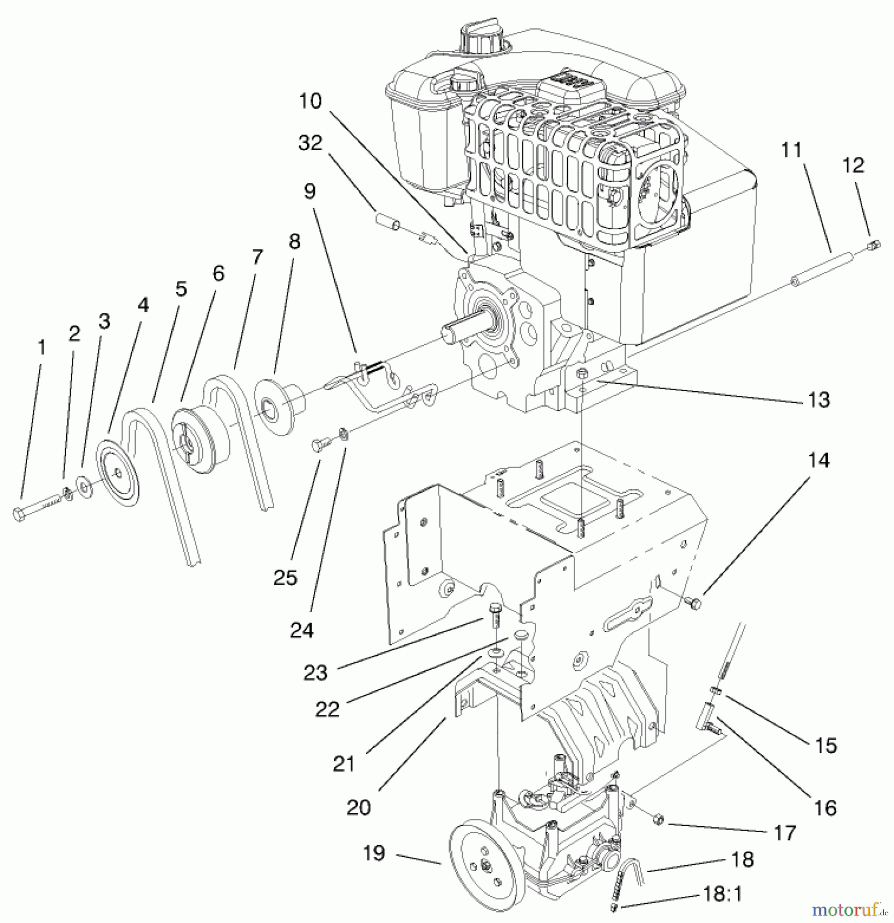  Toro Neu Snow Blowers/Snow Throwers Seite 1 38560 (1028) - Toro 1028 Power Shift Snowthrower, 2000 (200000001-200999999) ENGINE AND TRANSMISSION ASSEMBLY